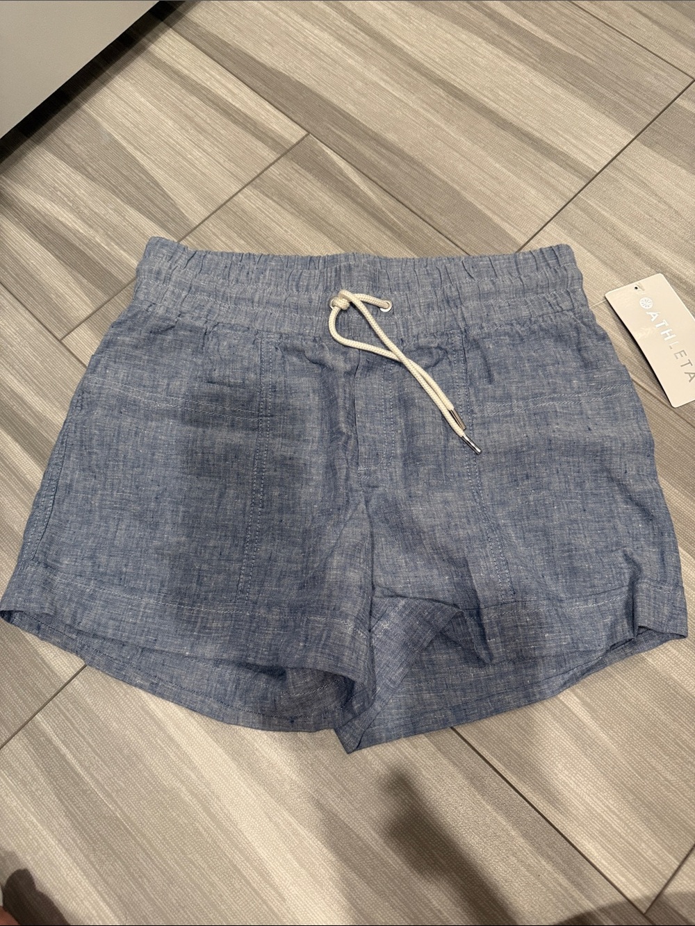 Athleta Cabo Linen 4” Lightweight Blue Drawstring Linen Shorts